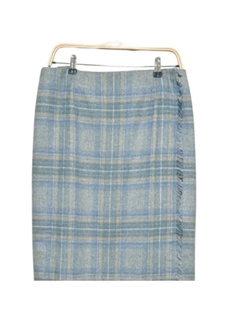 VTG 90s Talbots Sz 14 Blue Wool Plaid Fringe Heritage Pencil Wrap Midi Skirt